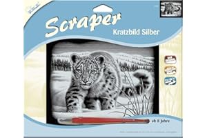 MAMMUT 137009 Kratzbild, Motiv Schneeleopard, silber, glänzend, quer, Komplettset mit Kratzmesser und Übungsblatt, Scraper, Scratch, Kritzel, Kratzset für Kinder ab 8 Jahre