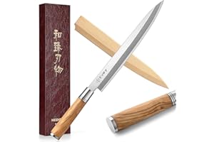 HEZHEN 27CM Coltello da Sashimi Stile Giapponese Acciaio Forgiato Yanagiba, da Sushi, Sfilettare Affettare Salmone, Manico in Legno D'ulivo,Fodero in Legno