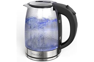 Haooair 1.8 liter Glass Kettle with Blue LED, Easy to Clean Electric Kettle, Boil Quiet, BPA-Free, Boil-Dry Protection, 1200 Watts, Black