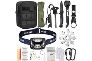 AuRiver Kit de Supervivencia de Emergencia, Kit Supervivencia con Linterna Frontal LED Recargable, Kit de Primeros Auxilios para Viajar Caminar Acampar al Aire Montaña