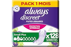 Always Discreet, 128 Serviettes Hygiéniques Incontinence Femme, Small Plus 2+ Gouttes, Protection Absorbante pour Fuites Urinaires Légères, Pack 1 Mois