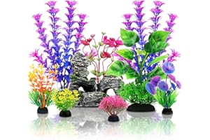 QUOZUO Plantes d'aquarium Plastique Décoration, colorées Plantes Artificielle Aquarium avec Rocher Polyrésine Grotte Ornement pour Aquarium Poissons, 9 Pièces