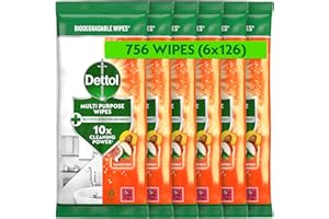 Dettol Antibacterial Multipurpose Cleaning Wipes, Summer Fruit, 756 Wipes (126 x 6pck) Disinfectant, Biodegradable, 10X Cleaning power vs Water alone, Kills 99.9 Percent of Germs