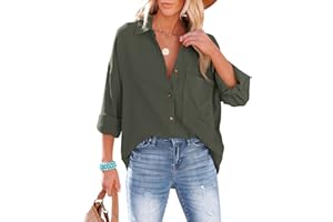 NONSAR Bluzka damska luźna koszula z dekoltem w serek, 100% bawełna, luźny krój, solidna, gruba górna część z kieszenią