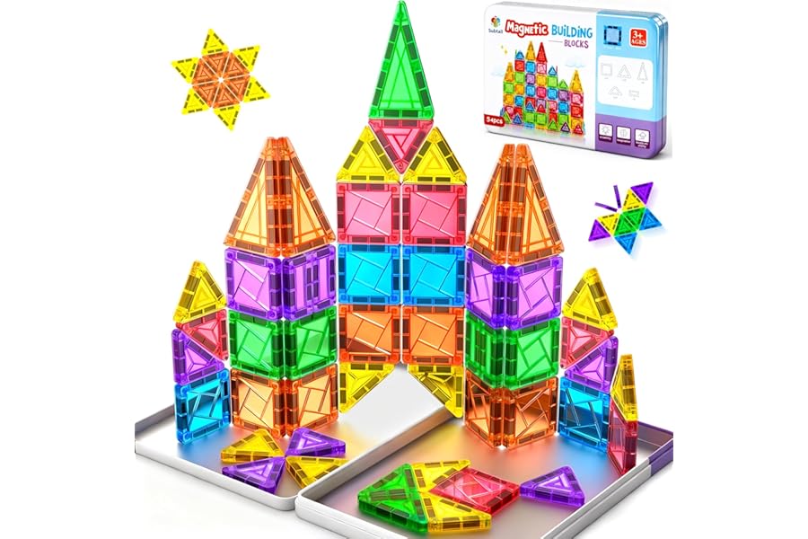 Subtail Mini Magnetic Tiles for Kids Travel 54PCS Magnetic Building Blocks with Iron Box, Toys for 3+ Year Old Boys Girls Toddlers Preschool Learning Christmas Birthday Gifts
