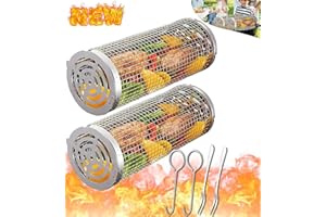 IGINOA Zylindrischer Grillkorb Rauchnetz Grillzylinder Edelstahl für Gemüse Kolibrin Grillrolle Grilltrommel Grillnetz Drachenkind Drehspieß Grillkäfig Basket Rund BBQ Rolling Grilling Würstchenroller