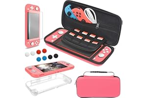 Tasche und Schutzhülle Kompatibel mit Nintendo Switch Lite Zubehör Set, YUANHOT Tragetasche & Hülle für Switch Lite & Displayschutzfolie & Joystick Kappe - Koralle