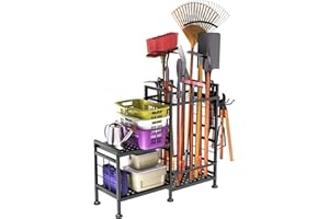 JOWKOU Garden Tool Storage Rack, 5 Tier Metal Shed Storage Organiser, Heavy Duty Garden Tool Holder for Garage, Yard, Patio, Shed, Indoors Outdoors, Black Garden Tool Organiser and Shed Storage Solutions