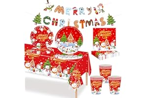 MORAINJAY 70Pcs Christmas Paper Party Tableware Set,Xmas Santa Snowman Print Table Decoration with Paper Cups,Banner,Tablecloth,Paper Plates and Napkins for Christmas Eve Home Party Favors Supplies