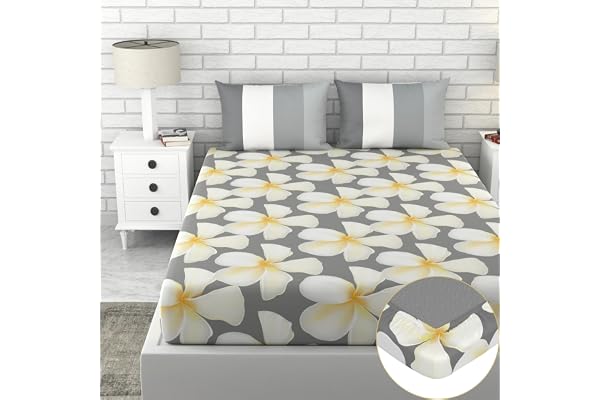 LORETO - A QUALITY LINEN BRAND 100% Cotton Elastic Fitted Bedsheets King Size Cotton with 2 Pillow Cover Printed Fitted Bed Sheet for King Size Mattress - 78 x 72 Inch, Storm Grey & White Flower