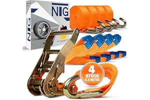 NTG 4 pièces Sangle de Serrage pour Transport Automobile | 35mm | Longueur 3300 mm | 3000 daN | Sangle d'arrimage | Blocage de Roue | Voiture | Sangle de Pneu | remorque | véhicule Utilitaire | 35 mm