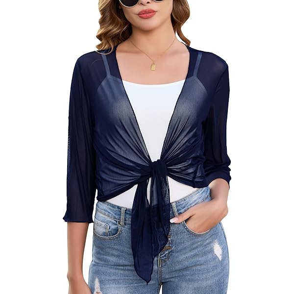 PrinStory Shrugs Voor Vrouwen V-hals Casual Lichtgewicht Tie Front Shrugs 3/4 Mouw Soft Top, Lichte koffie, XL