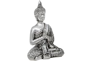 Maturi Tajski Budda z odblaskowym srebrnym szalem do medytacji z zamkniętymi rękami -13 cm / 5,5 cala, H525