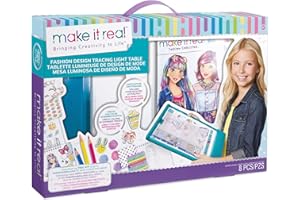 ‎MAKE IT REAL Make It Real - Super zestaw do kolorowania dla dzieci z przenośną podświetlaną tablicą - Zestaw do projektowania mody zawiera kolorowe kredki, szkicownik, szablony, naklejki i instrukcje projektowania - Sztuka i rzemiosło dla dzieci!