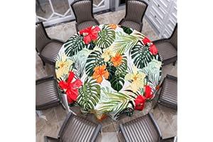 VVA Round Tablecloth Hawaiian Summer with Tropical Plants Hibiscus Flowers Green Wipeable Clean Table Cloth for Holiday Party Family Dinners Patio Indoor Outdoor Events Diameter 70"