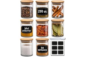 Set of 8 Glass Spice Jars with Bamboo Lids - 250 ml - With Labels & Erasable Marker - Airtight & Dishwasher Safe - Perfect fo