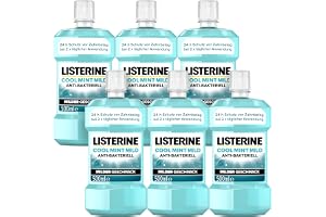LISTERINE Cool mint Mild 6 x 500 ml, antibakteriell munsköljning med eteriska oljor och utan alkohol, milt munvatten bekämpar