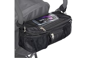 BTR Pram Buggy Organiser Bag & Pram Organiser Bag with Mobile Phone Pocket Holder & Zipped Lid. Plus 2 Pram Hooks. Black Pushchair Organiser