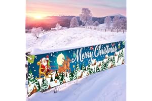 JOBKOO Christmas Banner Outdoor, Large Fabric Blue Merry Christmas Decorations with Santa Claus Reindeer Gifts Backgroud Banner, Xmas Yard Sign for Outside Fence Garden New Year Party Decor Supplies 210x40cm