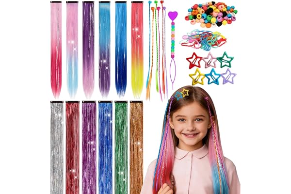 18 st färgade hårglitter kit för flickor med 6 raka hårförlängningar, 6 färger hårglitter, stjärnklämmor, hårsnoddar och pärlor