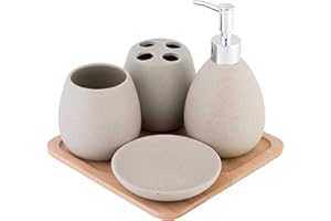 axentia Badaccessoires 5-teiliges Set Avignon aus Keramik, Bambus, in der Farbe Hellbraun, 126822