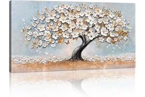 FajerminArt duże oprawione płótno dekoracja ścienna białe złoto kwiaty kwiaty drzewo wiśniowe abstrakcyjne kwiaty obrazy malarstwo na płótnie plakat z nadrukiem do salonu sypialni 100 cm x 50 cm