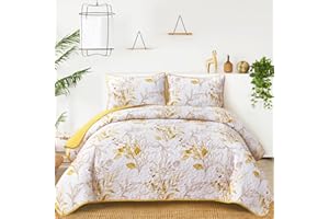 Anibedding Gelbes Bettwäsche-Set für Queen-Size-Betten, wendbar, elegant, gelb, botanisches Blättermuster, Tagesdecke, Überwurf, weiche Mikrofaser, Bettbezug für alle Jahreszeiten (248 x 228 cm)