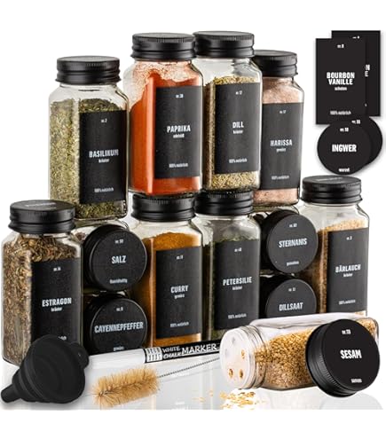 Yuehuamech 12 stks Glazen Kruidenpotten 120ML/4oz Kruidenflessen met Shaker Deksels Bamboe Deksels Etiketten Siliconen Trechter Lege Kruiden Potten voor Spice Zout Suiker Noten