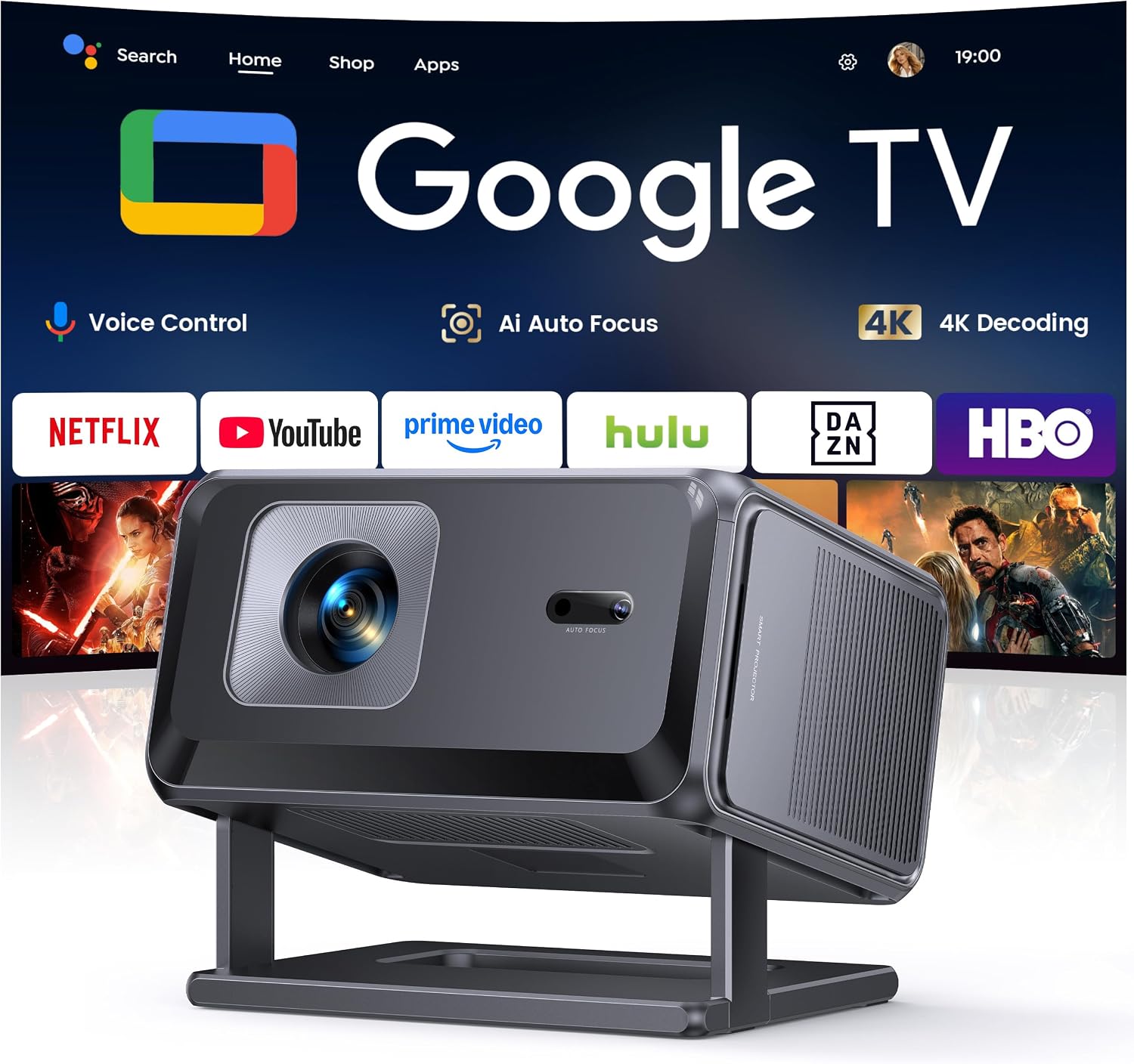 Proyector 4K【Google TV/Official Apps/Auto Focus/Keystone】Proyector Portatil App Integrada Control del lenguaje 1080P FHD Nativo,WiFi 6 & Bluetooth SmartProyector para Movil/Exterior/Cine en Casa/Techo