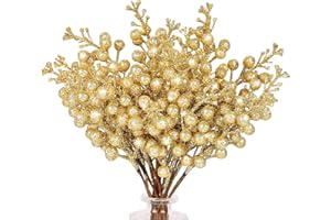 ‎N&T NIETING N&T NIETING Künstliche Beere Weihnachten Deko, 24 Stück Glitter Künstliche Holly Beeren Stämme für Weihnachten, Blumensträuße, Kranzdekorationen, Heimdekoration, Weihnachtsbaum Dekoration, Gold