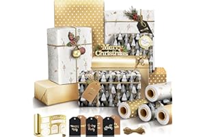 BOPERTROVE Papel Regalo Navidad, 4 Rollo Papel Regalo Navidad, Papel Embrulho Natal, Papel Regalo Navidads Rollo Grande, Christmas Wrapping Paper, Rollos Papel Kraft Blanco, 43 cm x 3m, Regalos de Reyes Magos