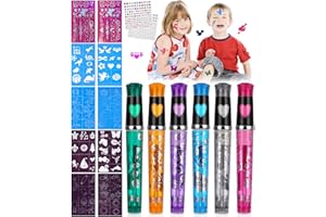 HEUCHAEY Długopisy do tatuażu dla dzieci,Tatuaże brokatowe dla dzieci,6 pisaków do tatuażu dla dzieci,z 8 szablonami,6 Wkład do długopisu,2 Cyrkonie,dla chłopców i dziewczynek,na imprezę, Halloween