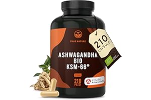 Bio Ashwagandha KSM-66® 210 Capsule - Alto Dosaggio di 600 mg al giorno (Withania Somnifera) - vegano, Bio India, testato in Laboratorio, produzione Tedesca - TRUE NATURE