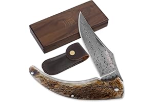 YOUSUNLONG Coltello tascabile giapponese in acciaio damasco con fodero in pelle - coltello pieghevole da campeggio, totale 205 mm - manico in corno di antilope naturale