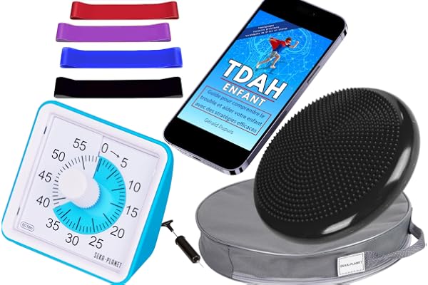 Seka-Planet kit TDAH Enfants avec minuteur visuel, Coussin d’équilibre, Bandes élastiques et eBook éducatif, Outils sensoriels pour Maison ou Classe