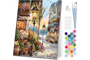 EOBROMD Peinture Numero Adulte Scène de Rue d'une Petite Ville avec Cadre, Paint by Numbers avec Pinceaux Peintures Acryliques, Kit de Peinture à l'huile sur Toile pour Décoration de la Maison 30x40cm