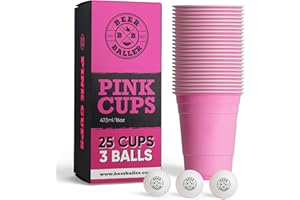 BeerBaller® Pink Cups - 25 pinke Beer Pong Becher & 3 Bier Pong Bälle | spülmaschinenfest & wiederverwendbar | 473ml - 16oz Partybecher | rosa Bierpong Becher Set | Original American Beerpongbecher