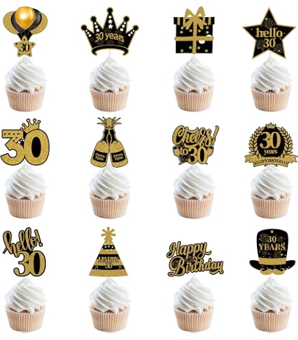 24 Pack 30th Birthday Cupcake Toppers – Black Glitter ‘Thirty’, ‘Hello 30’, ‘Cheers To 30’ Picks