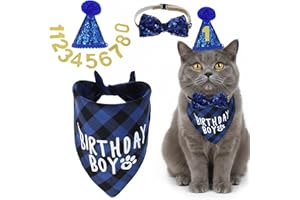 XINJODUZ Xindojuz Cat Birthday Hat Decoration & Outfit Set, Adjustable Cats Birthday Hat with Number Bandana Bow Scarf Tie Collar for Dog Pet Kittens Apparel Christmas Party Outfits Supplies (Blue)