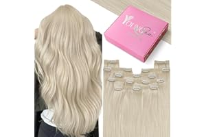 YoungSee Clip in Human Hair Extensions Blpnde 14inch 120g Human Hair Clip in Extensions Platinum Blonde Clip in Hair Extension White Blonde for Wedding Silky Straight Full Head 7Pcs