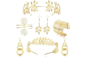 JeweBella 6 Piezas Juego de Diosa Griega Accesorios para Mujer Dorado Romano Hojas de Laurel Corona Diademas Brazalete de Brazo Superior Brazalete Perla Pendientes Colgantes para Boda Toga Fiesta