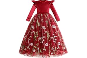 IDOPIP Automne Hiver Fleurs Fille Robe Velours Robe Noël Manches Longues Brodée Princesse Tulle Robe Fête Anniversaire Bal Officiel
