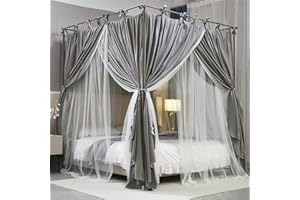 HUOQOU 4-Pfosten Prinzessinnen Betthimmel – Doppelschichtiges, Gemütliches Moskitonetz aus Mesh & Stoff für Mädchenzimmer Dekoration(Grau, 2W*2.2L*2.1H(m))