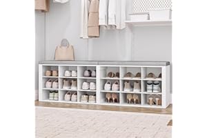 Hzuaneri Shoe Storage Bench with Padded Seat, Shoe Rack Bench with 18 Open Compartments, Adjustable Shelves, Shoe Cabinet Storage with Cushion for Hallway Living Room, Bedroom, White, SB25703GY