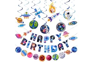 SUNBEAUTY Weltraum Deko Weltall Planet Spirale Geburtstag Happy Birthday Girlande 3D Papierdekoration Solarsystem mit Raumschiff rocket für weltraum Deko