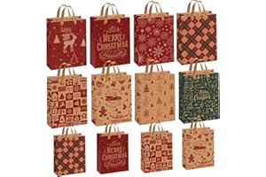 AFXXE 12 Pezzi Sacchetti Regalo Natale,Grandi/Piccoli Diverse Dimensioni Buste Riutilizzabili, Sacchettini Natalizi con 8 Disegni (32x25x11,5cm/27x21x11,5cm)