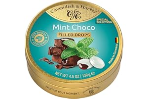 ‎CAVENDISH & HARVEY Cavendish & Harvey Mint Choco Drops 130g Dose | Special Edition | Pfefferminzbonbons mit Schokoladefüllung | Vegan, Halal, Koscher | 1 x 130g