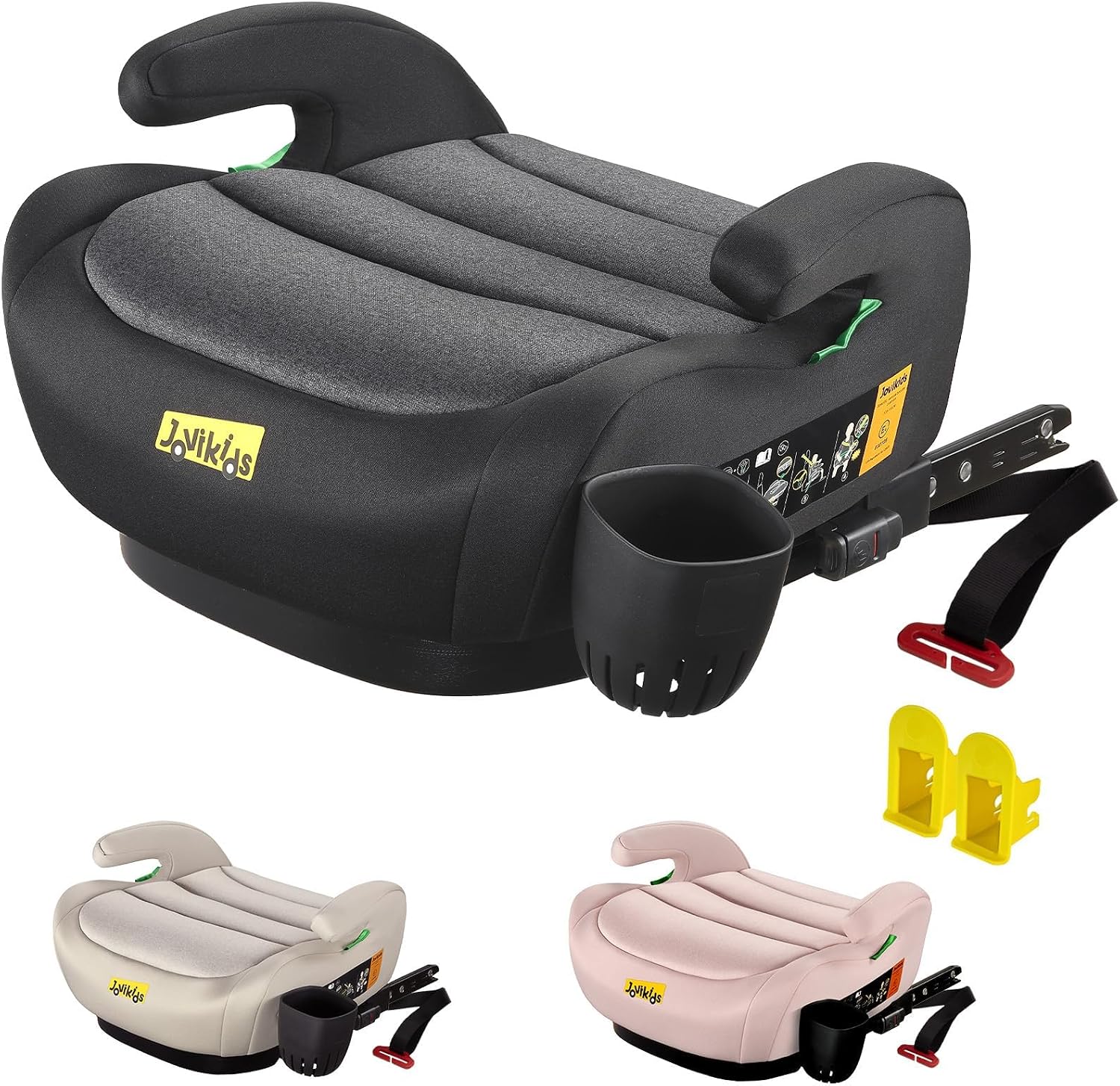 Jovikids i-Size Booster Car Seat, 125-150cm Highback Toddler Booster Seat with ISOFIX, ECE R129 Approved, Seat Belt Guide, Lightweight & Portable, Removable Machine Washable Cover - Black