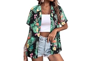 Yihelian Hawaiian Shirts for Women Summer Short Sleeve Top Floral Tropic Printing V Neck Button Down T Shirts Blouses