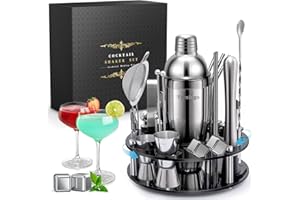 VEMINGO 34 Teiliges Cocktail Set Shaker mit 360° Drehbarem Acryl Ständer | 750ML Cocktail Shaker mit 4 Whiskey Steine Edelstahl Geschenkset | Cocktailshaker Cocktail Bar Set Cocktailset Cocktails Mixer